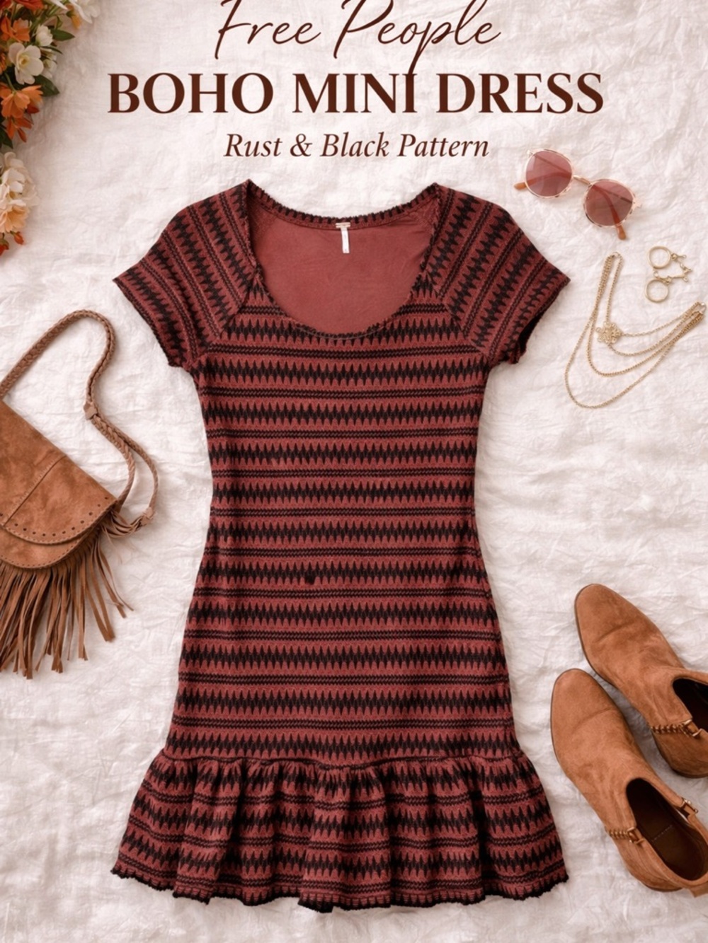 Free People Boho Mini Dress Rust Black Pattern Ruffle Hem Size M - Picture 1 of 5